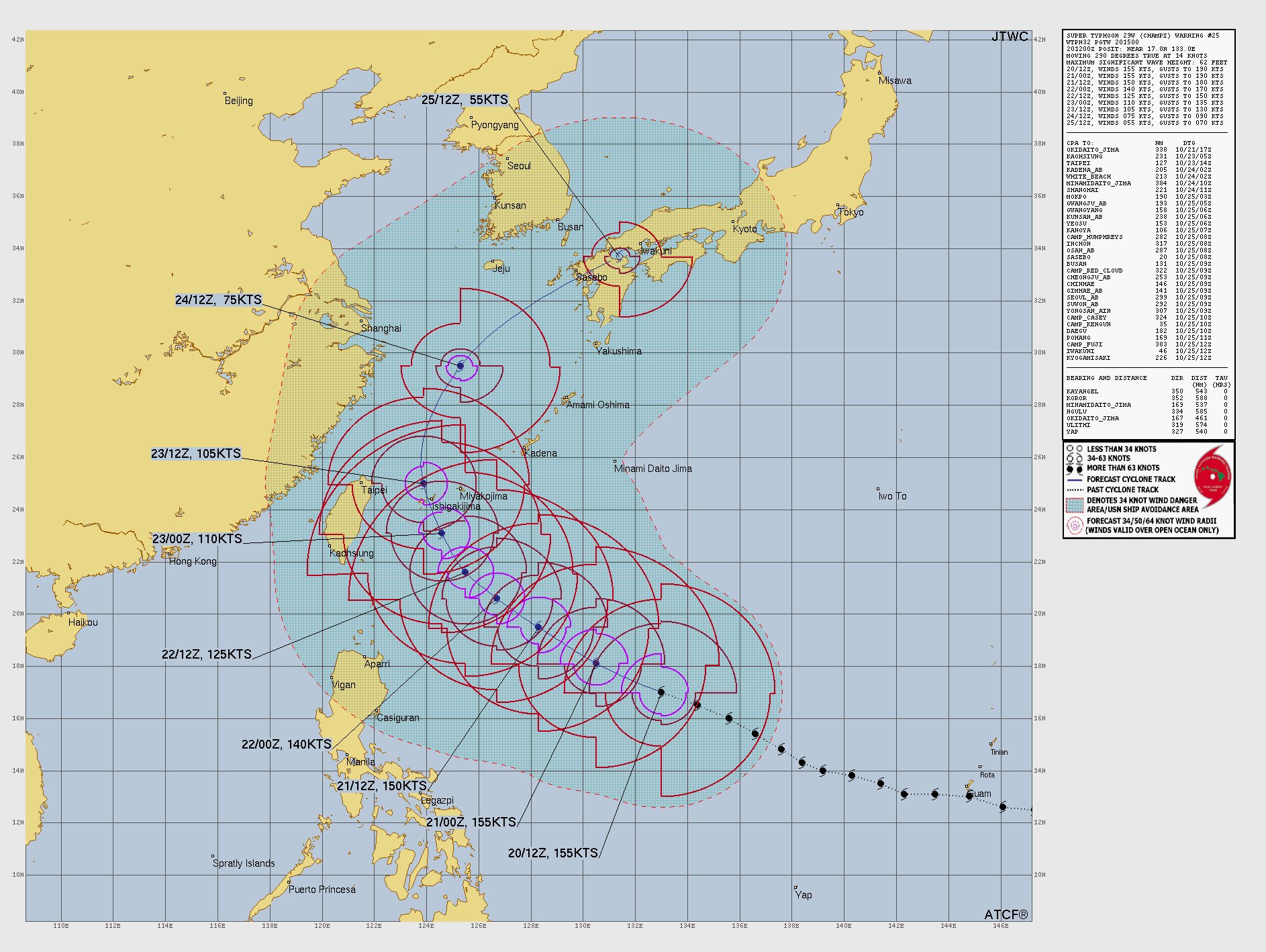 JTWC Warning 25 forecast track map for Super Typhoon Champi over the Philippine Sea, with its forecast path heading northwest toward the waters east of Taiwan