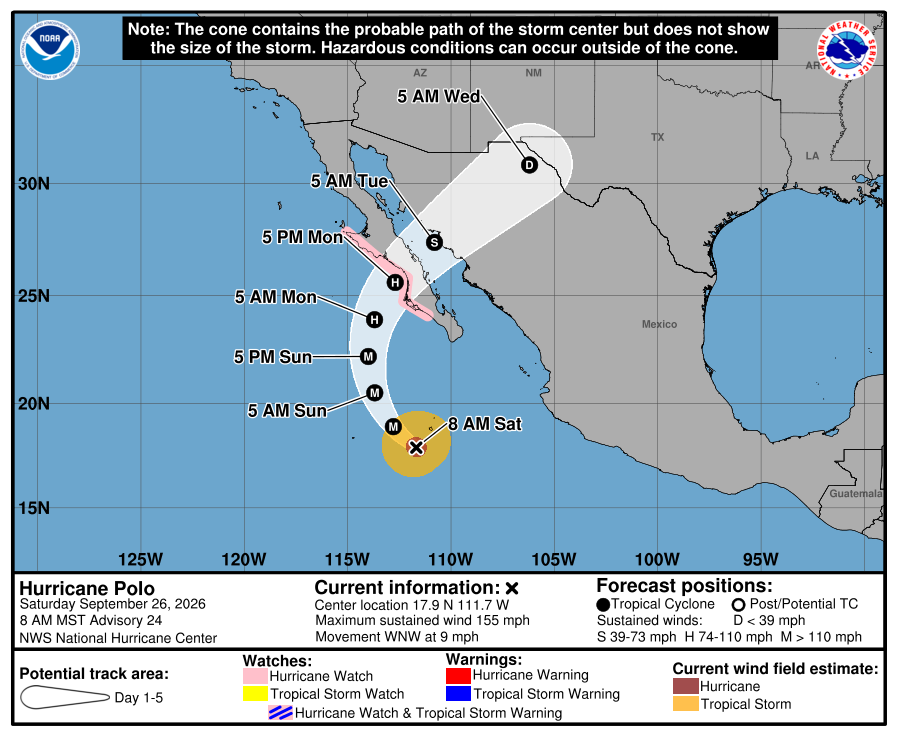 NHC 5-day cone for Hurricane Polo — Adv 23/23A cycle, Baja California Sur Monday landfall stamp