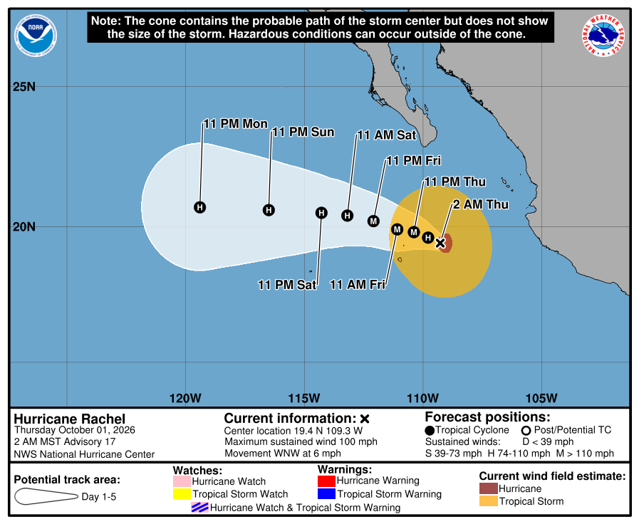 NHC 5-day cone graphic for Hurricane Rachel, 2 AM MST Advisory 17 — center 19.4 N 109.3 W south of Baja California, forecast track west-northwest then west