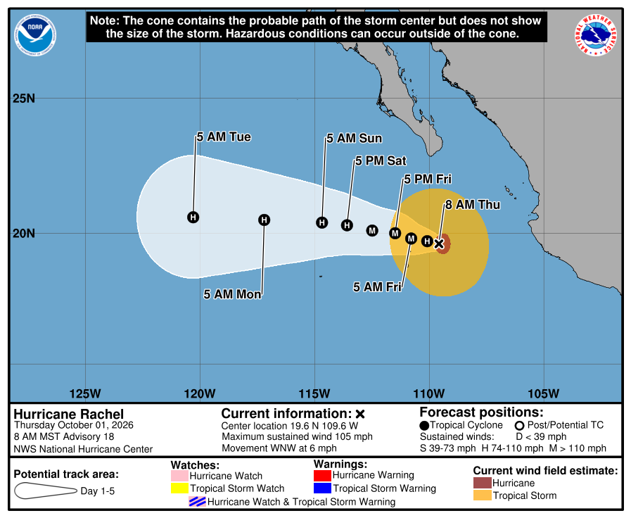 NHC 5-day cone graphic for Hurricane Rachel, 8 AM MST Advisory 18 — center 19.6 N 109.6 W south of Baja California, forecast track west into the Pacific