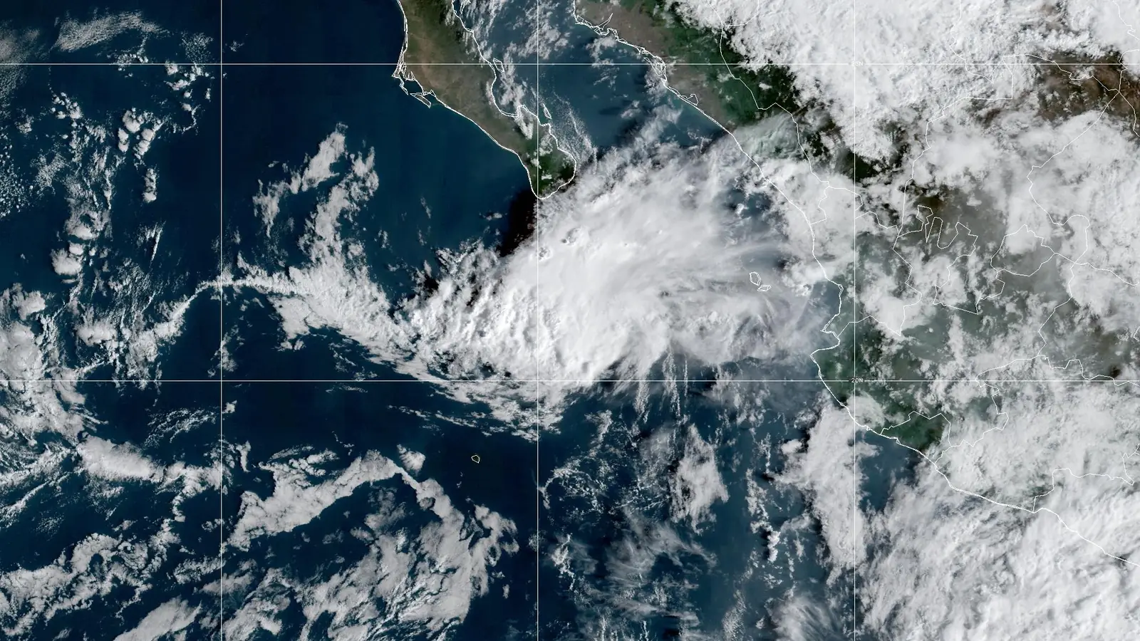 GOES-18 GeoColor satellite image of Tropical Storm Simon at 11 AM EDT Oct 16, 2026 (NHC Advisory 37): a small, ragged patch of cloud south of the Baja California peninsula.