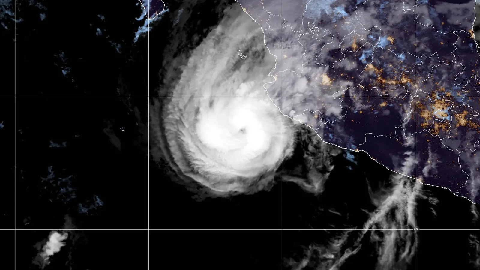 GOES-18 GeoColor satellite image of Hurricane Trudy at 7:50 AM EDT Oct 18, 2026, ten minutes before NHC Intermediate Advisory 20A: the hurricane's clouds just off the coast of west-central Mexico.