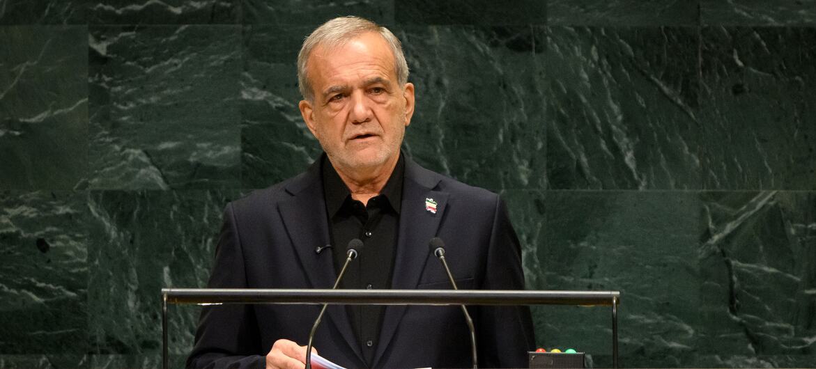 Iranian President Masoud Pezeshkian addresses the UN General Assembly (file still, 23 Sep 2026)